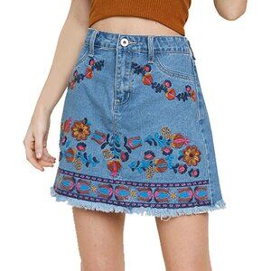 Umgee Womens Embroidered Denim Skirt Distressed Hem M Cottage Core Hippie Boho